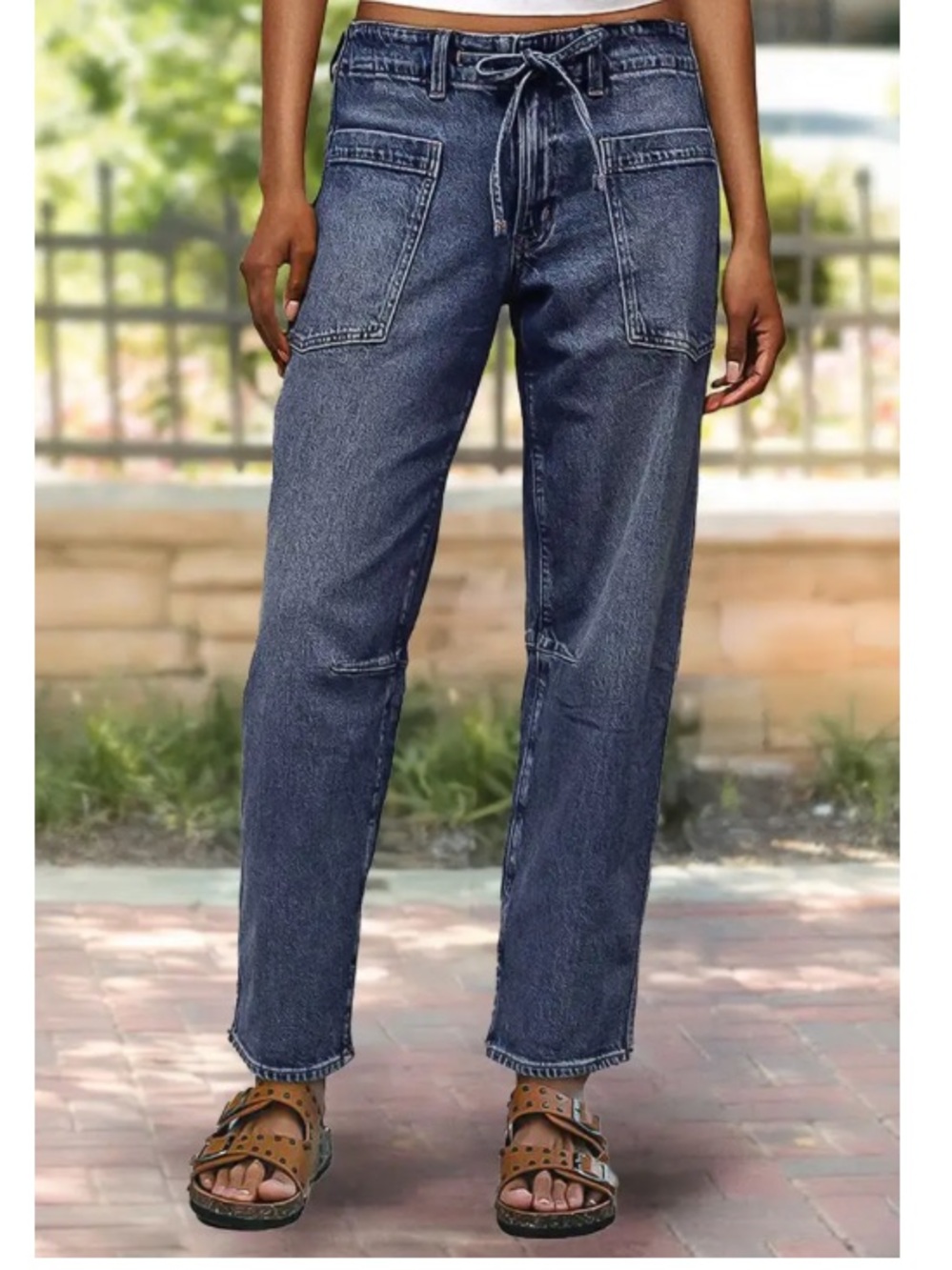 Flamingals Drawstring Wash Stitch Detail Mid Waist Barrel Leg Jeans Sz Small NWT